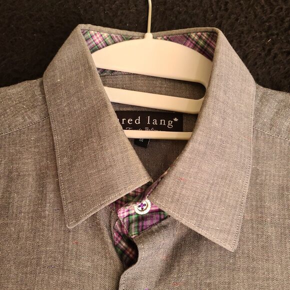 Jared Lang Mens Button Down Shirt Gray Size Medium 100% Cotton Long Sleeve - Picture 9 of 12